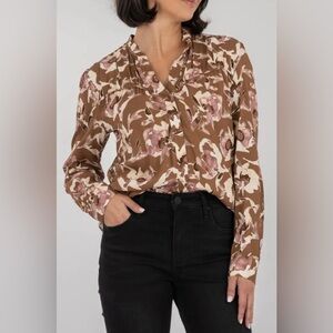 KUT from the Kloth Isley Long Sleeve Notch Neck Women’s Blouse -Mocha size L
